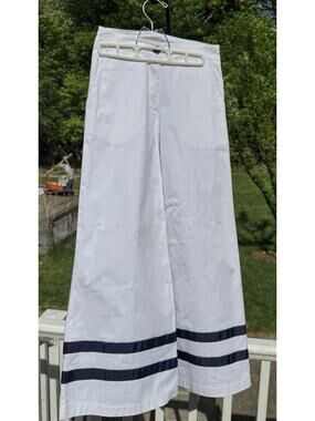 NWOT Maloka Wide-Leg Pants, White w Blue Ribbon Accent Sz 0 Nautical Coastal